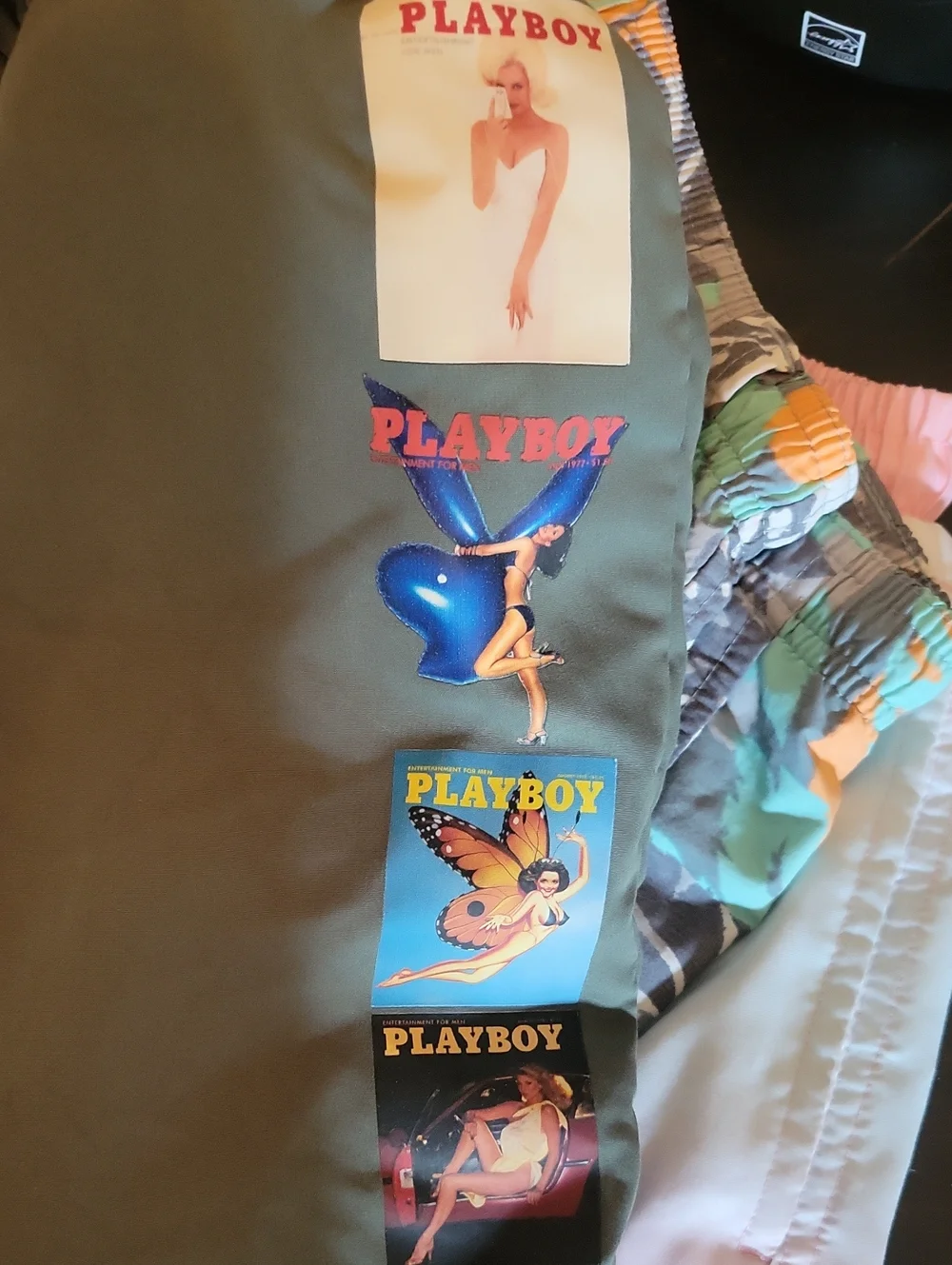 PLAYBOY Olive Gray Swim Shorts with Patch Strips Size M